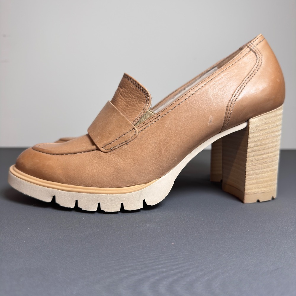 Paul Green Tan Leather Platform Loafer Pumps Block Heel Lug Sole Austria Size 6